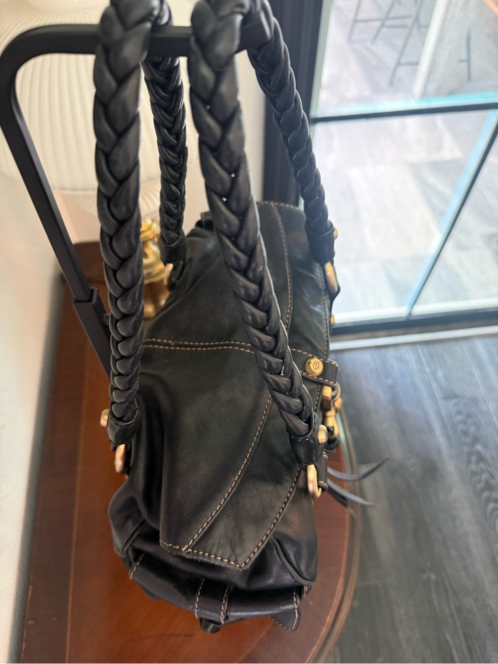 Francesco Biasia Black Braided-Handle Leather Shoulder Bag with Brass Hardware - Picture 7 of 14